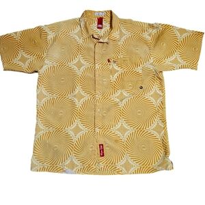 Vintage 90s Ecko Yellow Gold Graphic Geometric Looped Collar Button‎ Shir…